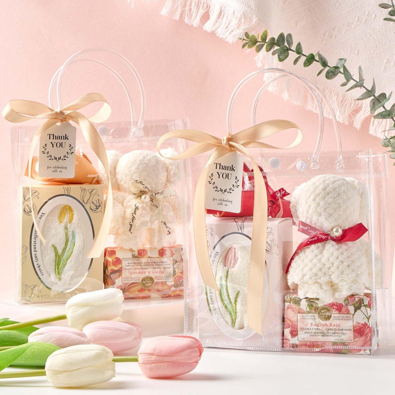 Mauproy 24 Pack Clear Plastic Gift Bags with Handles, Party Favor Bags with Ribbons and Tags, Reusable Goodie Tote Bags for Mother's Day Wedding Baby Shower (7.9â€ x 7.9â€ x 3.2") - Image 4