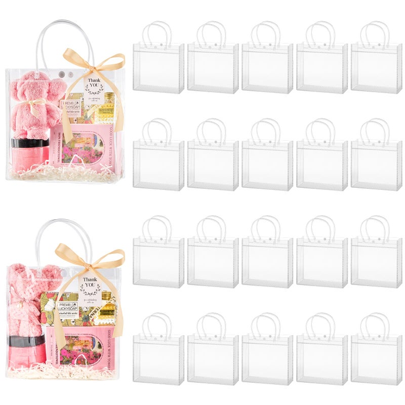 Mauproy 24 Pack Clear Plastic Gift Bags with Handles, Party Favor Bags with Ribbons and Tags, Reusable Goodie Tote Bags for Mother's Day Wedding Baby Shower (7.9â€ x 7.9â€ x 3.2") - Image 1