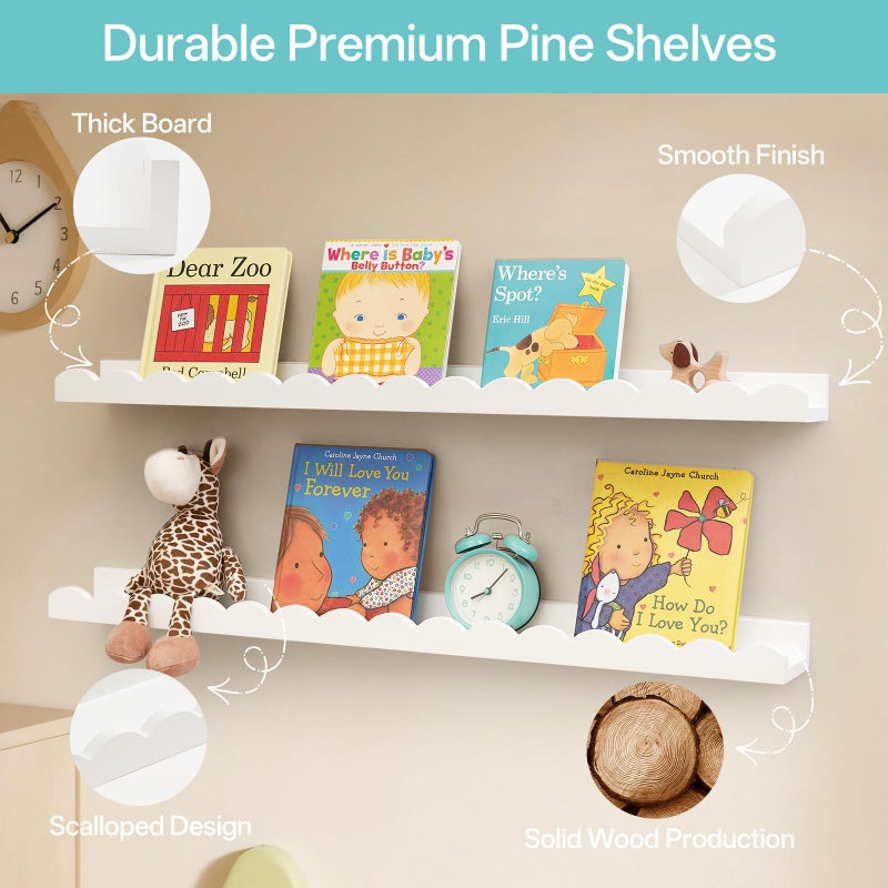 Conamily Nursery Book Shelves, Scalloped Floating Shelves 24inch Set of 2 Solid Pine Wood Wall Mounted Bookshelf with Wave Lip for Bedroom Kids, Toddler Room, Baby Room - Image 4