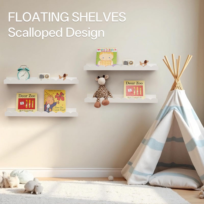 Conamily Nursery Book Shelves, Scalloped Floating Shelves 24inch Set of 2 Solid Pine Wood Wall Mounted Bookshelf with Wave Lip for Bedroom Kids, Toddler Room, Baby Room - Image 2