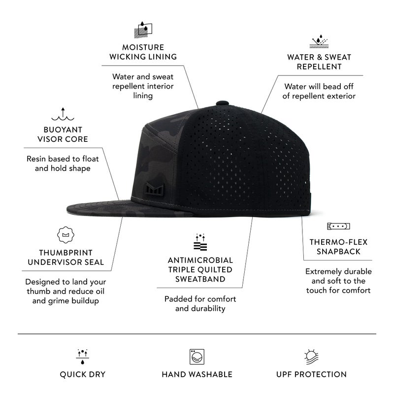 melin Trenches Icon Hydro, Black Camo, Men's Performance Snapback Hats, Water-Resistant Fitted Flat Bill Baseball Caps for Men & Women, Golf, Running, or Workout Hat, Medium-Large - Image 2