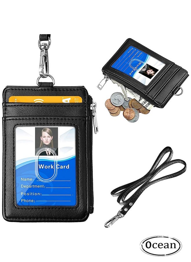 Generic Badge Holder with Zipper, PU Leather ID Badge Card Holder Wallet with 5 Card Slots, 1 Side RFID Blocking Pocket and 20 inch Neck Lanyard Strap for Offices ID, School ID, Driver Licence (Black)  - Image 1