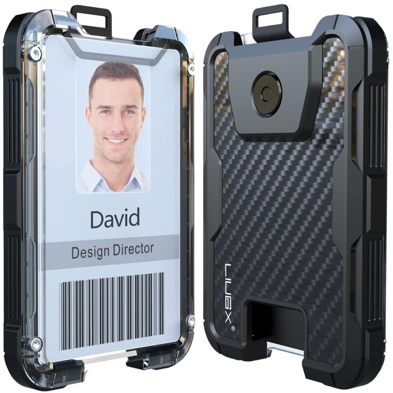 LIUGX Carbon Fiber Badge Holder, No-Clip Version, ID Card Holder,Heavy Duty Id Holder (Holds 6 Cards),for Office Police Worker Outdoor,Black - Image 1