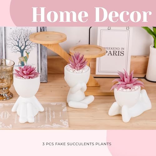 Der Rose 3 Pcs Fake Succulents Plants Artificial Pink Room Office Desk Decor for Women - Image 4