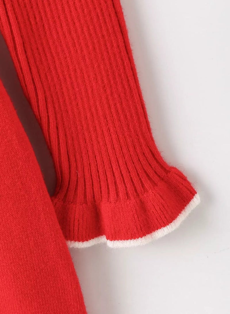 Girls Flounce Sleeve Fake Button Sweater Dress - Image 2