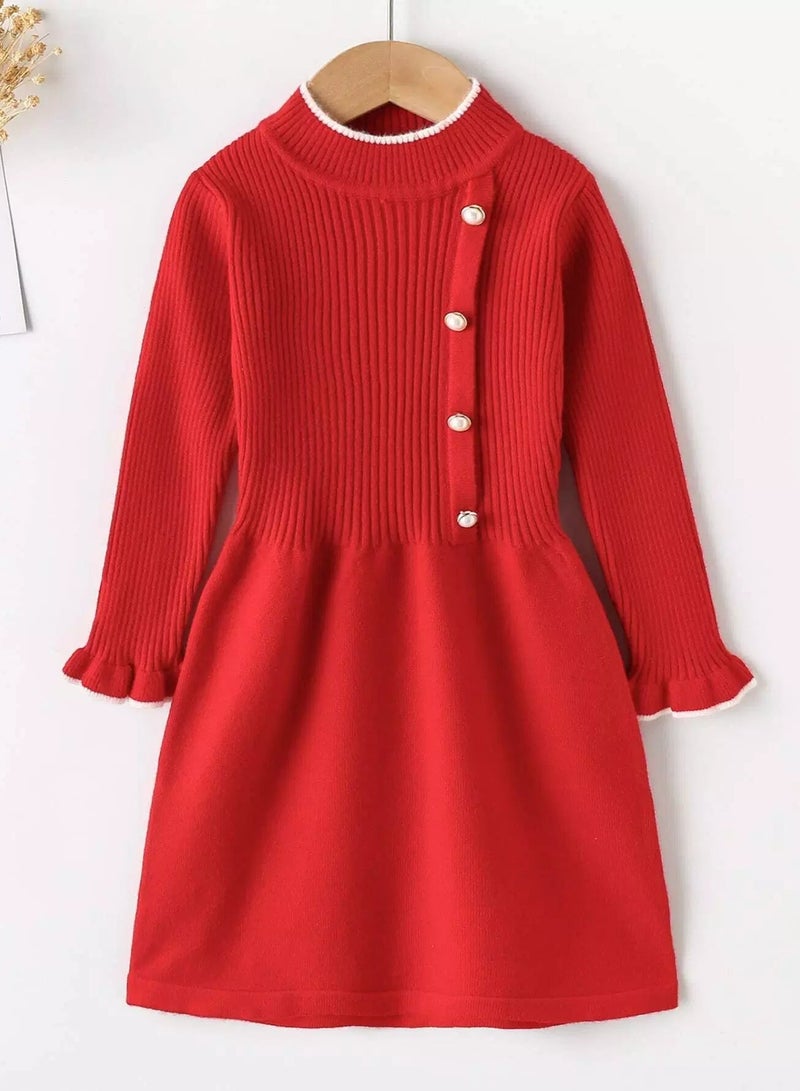 Girls Flounce Sleeve Fake Button Sweater Dress - Image 1