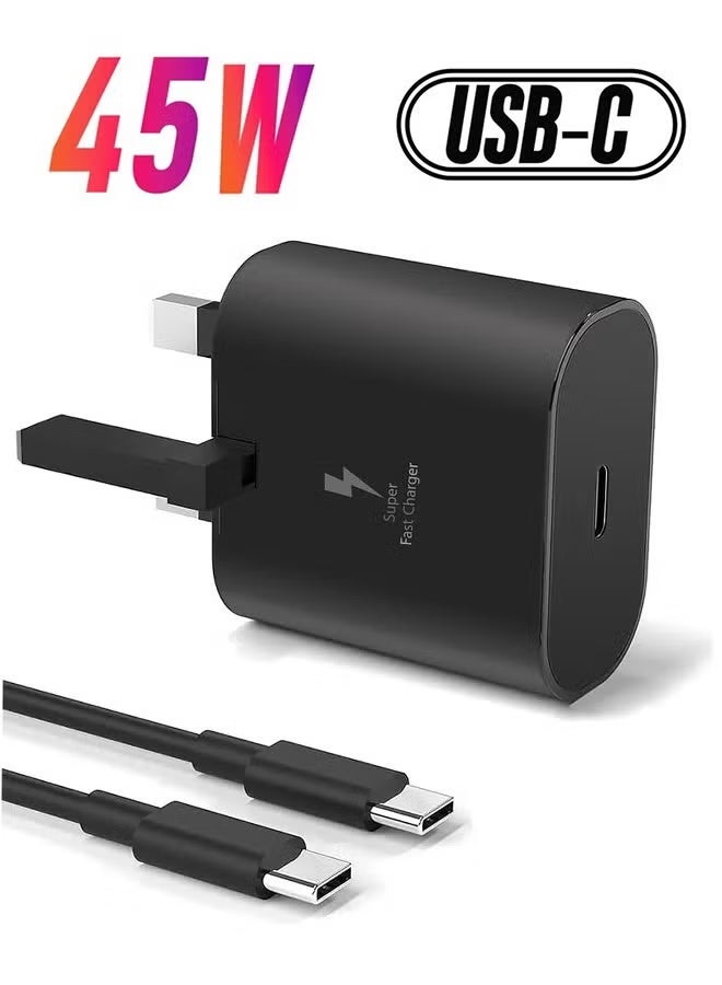 سان يي شاحن فائق السرعة 45 وات مع مقبس من النوع C وكابل USB-C (1.2 متر مرفق)، محول حائط للشحن السريع 1.5 متر، متوافق مع S24 Ultra/S24 Plus/S23 FE/S24/S22/S21 S20، A54 A25 A15 A05S A53 A34 A23 5G، Z Fold 4 5/Z Filp، Tab S7 S8، وأجهزة أخرى، أسود - Image 1