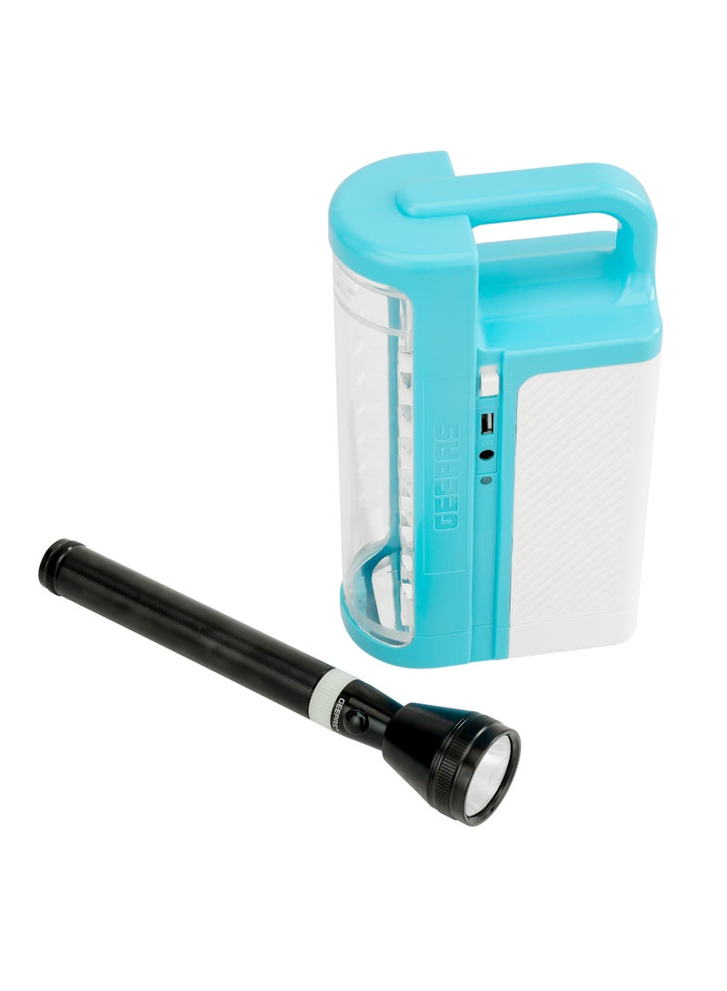 GEEPAS مجموعة فانوس ومصباح يدوي LED قابلة لإعادة الشحن، بطارية حمض الرصاص محكمة الغلق 4 فولت قابلة لإعادة الشحن، 30 قطعة SMD LED، مخرج USB 5 فولت، مدخل طاقة شمسية، مدة طويلة - Image 1