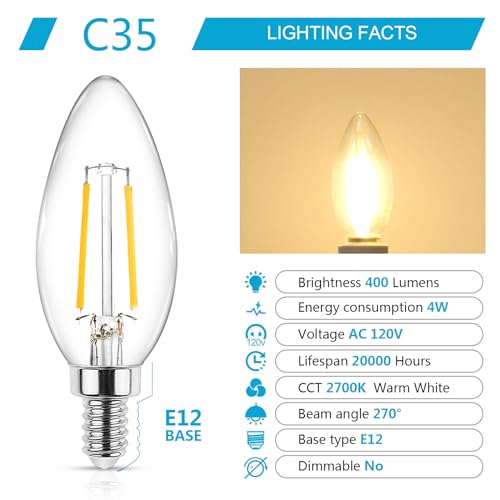 Ascher Classic E12 LED Candelabra Light Bulb 4W, Equivalent 40W, Warm White 2700K, Non-Dimmable, Clear Glass Filament Chandelier LED Bulbs, E12 Candelabra Base Candle Light Bulbs, Pack of 10 - Image 2