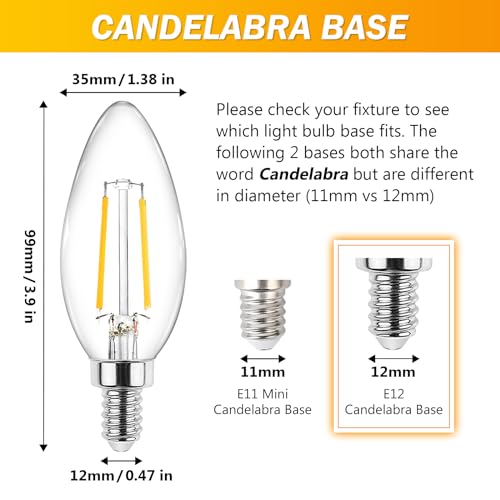Ascher Classic E12 LED Candelabra Light Bulb 4W, Equivalent 40W, Warm White 2700K, Non-Dimmable, Clear Glass Filament Chandelier LED Bulbs, E12 Candelabra Base Candle Light Bulbs, Pack of 10 - Image 3