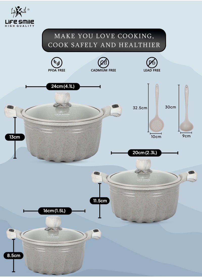 Life Smile - Pans and Pots Set 8 pieces - Cookware set Induction Base, Granite Non Stick Coating, Die Cast aluminum 100% PFOA FREE include Casseroles & Silicone Utensils (Dark Grey (16/20/24CM)) - Image 1