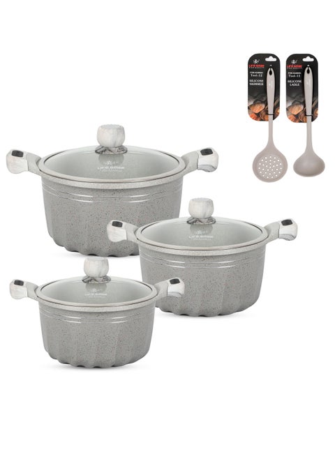 Pans and Pots Set 8 pieces - Cookware set Induction Base, Granite Non Stick Coating, Die Cast aluminum 100% PFOA FREE include Casseroles & Silicone Utensils (Dark Grey (16/20/24CM))