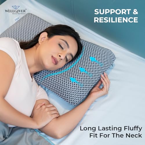 WELLGIVER Ergonomic Memory Foam Pillow for Neck Pain | 2 Years Warranty | 21 x 14 x 4.5 Inch | Orthopedic Pillow for Side Sleeping | Removable Washable Jacquard Midnight Blue Cover | Pack of 2 - Image 5