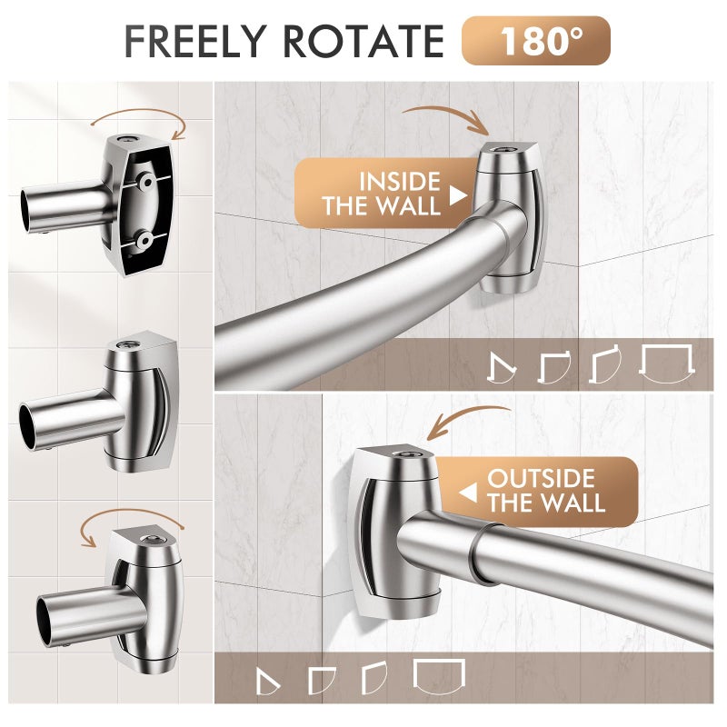 Bonpally Curved Shower Curtain Rod for Bathroom, 40-72 Inches Adjustable Curved Shower Rod, 0.9MM Rustproof Shower Curtain Rod with Rotating Brackets for Extra Shower Space, Need To Drill, Brush Nickel - Image 3