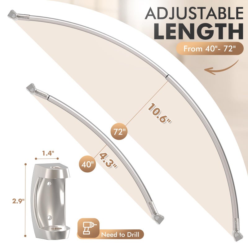 Bonpally Curved Shower Curtain Rod for Bathroom, 40-72 Inches Adjustable Curved Shower Rod, 0.9MM Rustproof Shower Curtain Rod with Rotating Brackets for Extra Shower Space, Need To Drill, Brush Nickel - Image 4