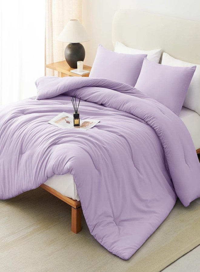 CozyLux Lavender Queen Comforter Set, 3 Pieces Light Purple Solid Breathable Quilted Boho Bedding Sets, Luxury Fluffy Soft Bed Set with Down Alternative Comforter and 2 Pillowcases for All Season - Image 1