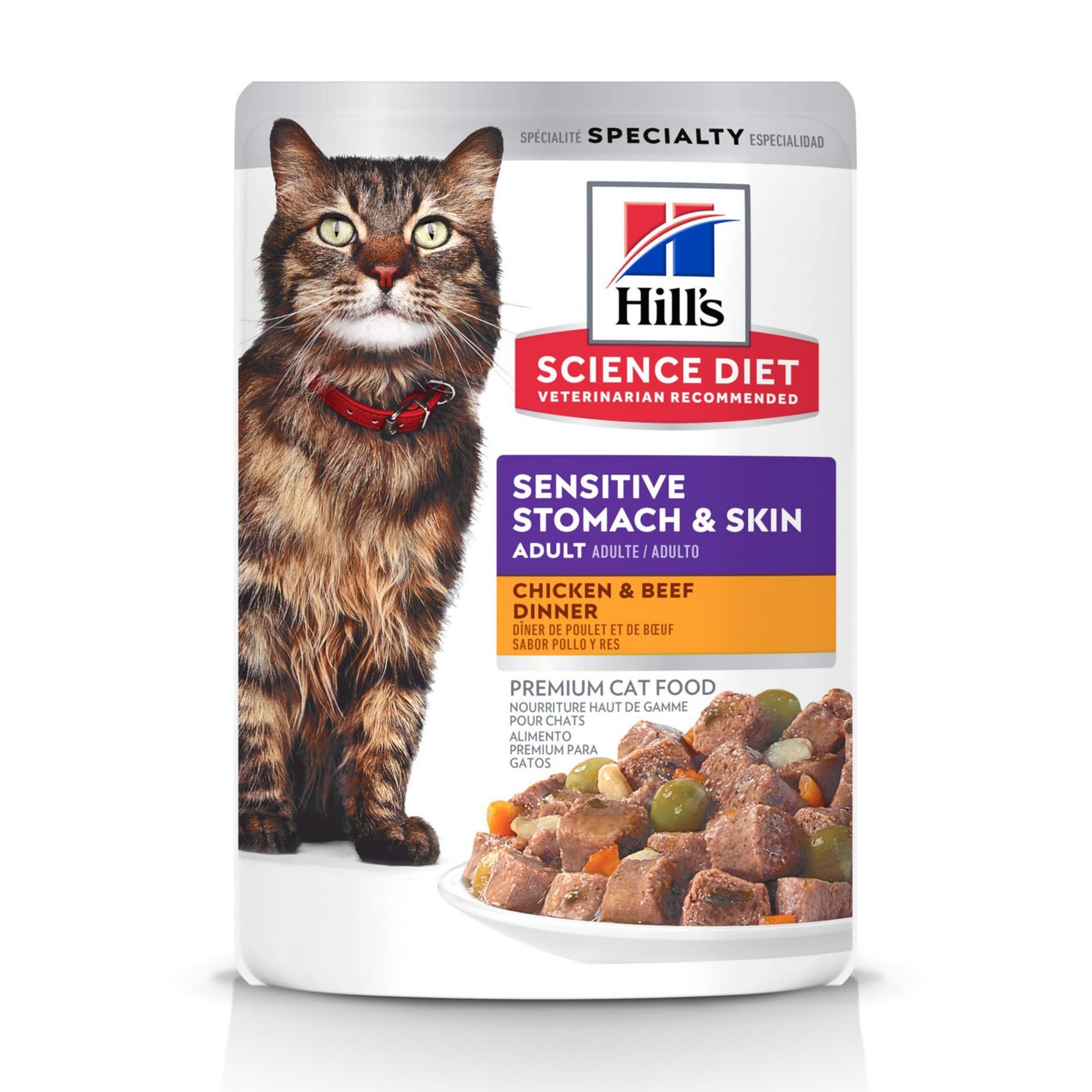 Hill's Science Diet Adult Sensitive Stomach & Skin Wet Cat Food Pouch, Chicken & Beef, 2.8 oz., 24 Pack