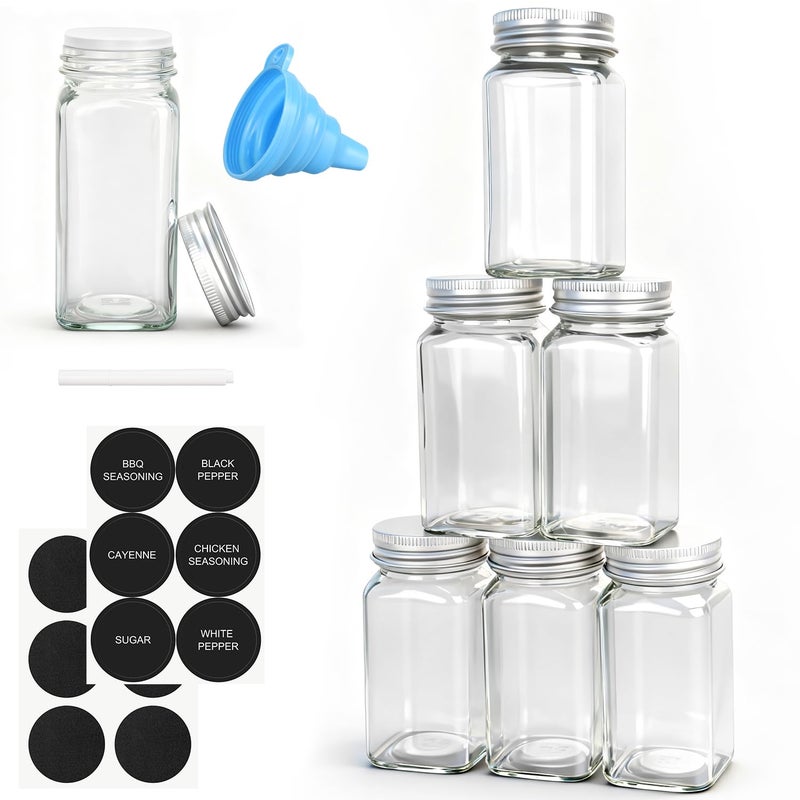 DkOvn 6pcs Glass Spice Jars, 4oz Empty Spice Jars with Metal Caps, Labels, Shaker Lids, Collapsible Funnel, Chalk Pen, Seasoning Organizer for Spice Rack - Image 1