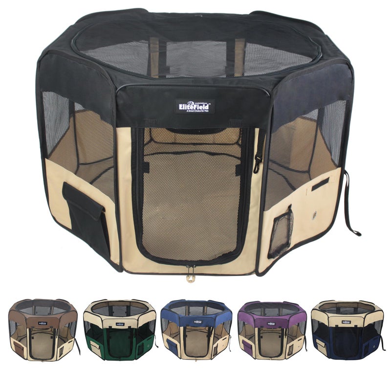EliteField 2Door Soft Pet Playpen 2 Year Warranty Exercise Pen Multiple Sizes and Colors Available for Dogs Cats and Other Pets 52 x 52 x 32H BlackBeige