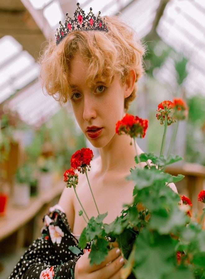 CAVETEE Black Crown for Women Halloween Party Favors Birthday Tiara Luxurious Red Rhinestones Crown Wedding Bridal Crown Birthday Party Princess Party Prom Black Tiaras and Crowns for Women Girls - Image 3