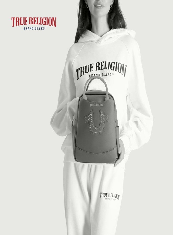True Religion Mini Backpack, Studded Horseshoe Logo Small Travel Bag Purse for Women, Adjustable Shoulder Straps, Brown, 11 Inch - Image 2