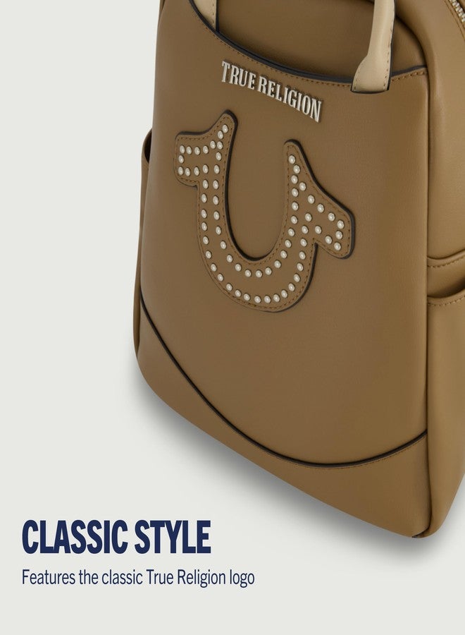 True Religion Mini Backpack, Studded Horseshoe Logo Small Travel Bag Purse for Women, Adjustable Shoulder Straps, Brown, 11 Inch - Image 4