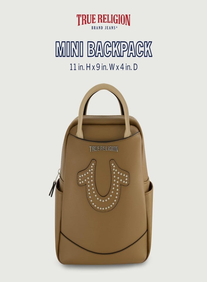 True Religion Mini Backpack, Studded Horseshoe Logo Small Travel Bag Purse for Women, Adjustable Shoulder Straps, Brown, 11 Inch - Image 3