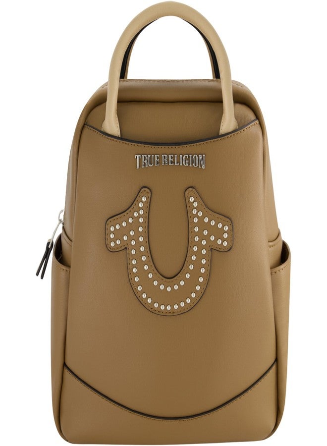 True Religion Mini Backpack, Studded Horseshoe Logo Small Travel Bag Purse for Women, Adjustable Shoulder Straps, Brown, 11 Inch - Image 1