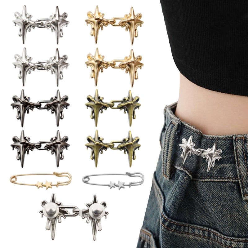 ROPAKED 10 Set Pant Waist Tightener Star Buttons Pins for Loose Jeans Reusable Waist Cincher Clip Metal Brooch for Women Clothing Dresses Skirts No Sewing Decoration Accessories - Image 1