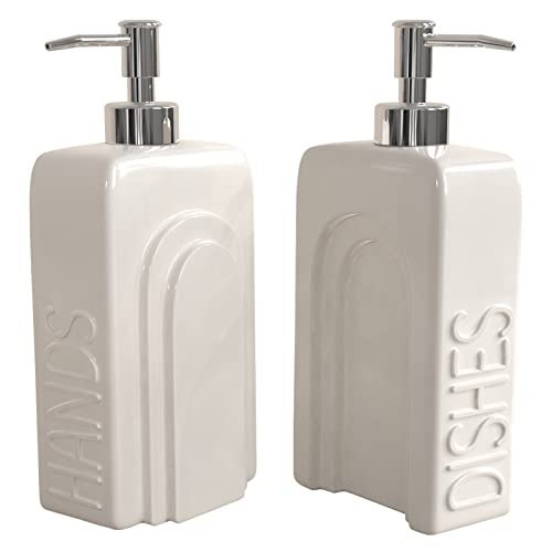 Karisky Soap Dispenser Set with Stainless Steel Pump, 2 Pack Ceramic Refillable Dish Soap and Hand Soap Dispenser for Kitchen, Bathroom, Matte White - Image 2