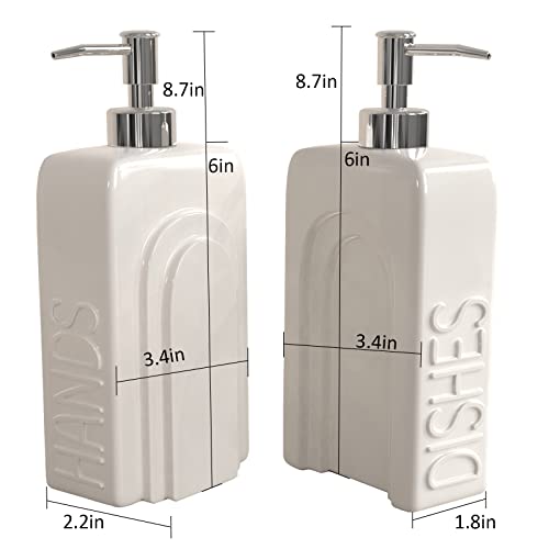 Karisky Soap Dispenser Set with Stainless Steel Pump, 2 Pack Ceramic Refillable Dish Soap and Hand Soap Dispenser for Kitchen, Bathroom, Matte White - Image 5