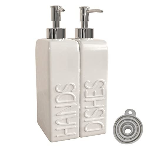 Karisky Soap Dispenser Set with Stainless Steel Pump, 2 Pack Ceramic Refillable Dish Soap and Hand Soap Dispenser for Kitchen, Bathroom, Matte White - Image 1