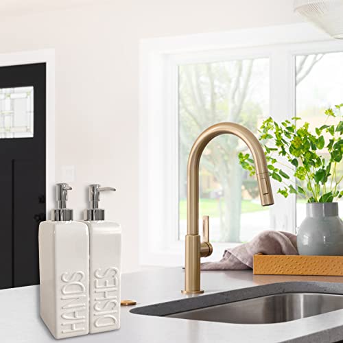 Karisky Soap Dispenser Set with Stainless Steel Pump, 2 Pack Ceramic Refillable Dish Soap and Hand Soap Dispenser for Kitchen, Bathroom, Matte White - Image 3
