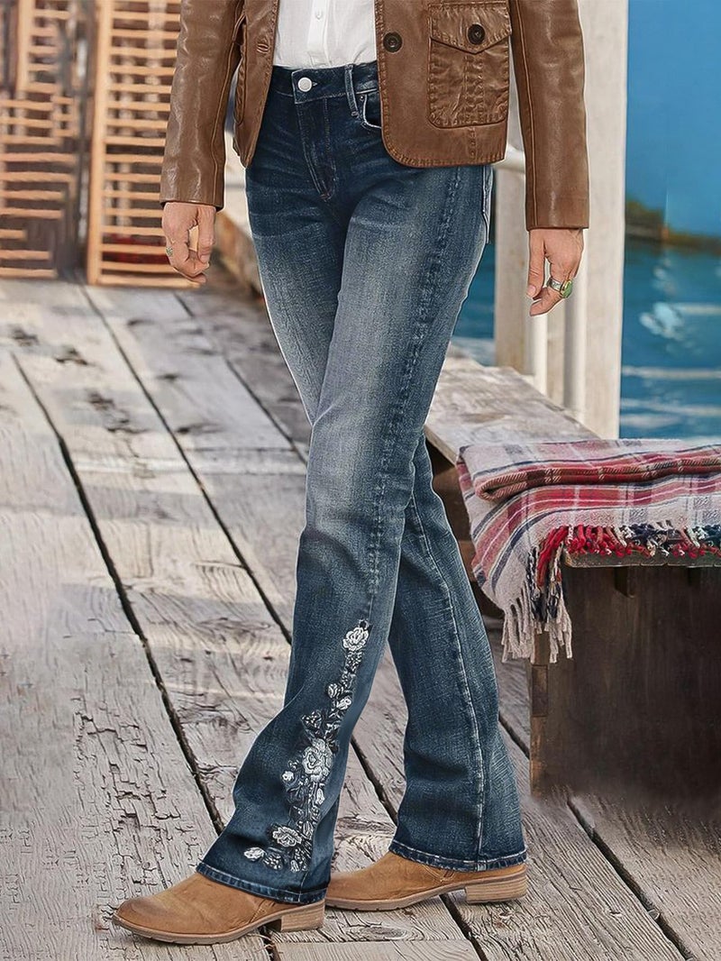 Flamingals Women's Floral Embroidery Mid Waist High Stretch Bootcut Jeans with Pockets Navy Blue XL - Image 3