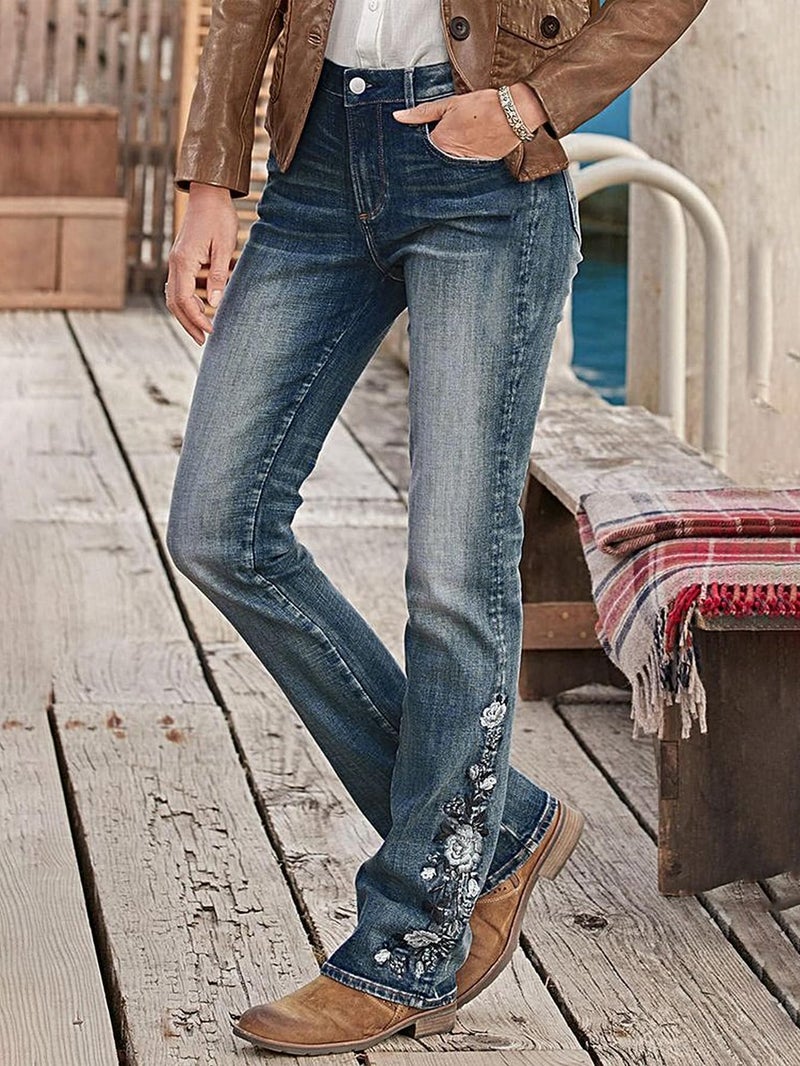 Flamingals Women's Floral Embroidery Mid Waist High Stretch Bootcut Jeans with Pockets Navy Blue XL - Image 2
