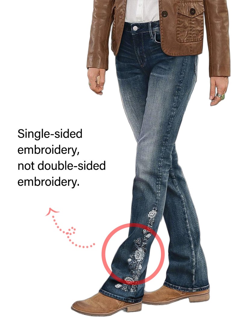 Flamingals Women's Floral Embroidery Mid Waist High Stretch Bootcut Jeans with Pockets Navy Blue XL - Image 4