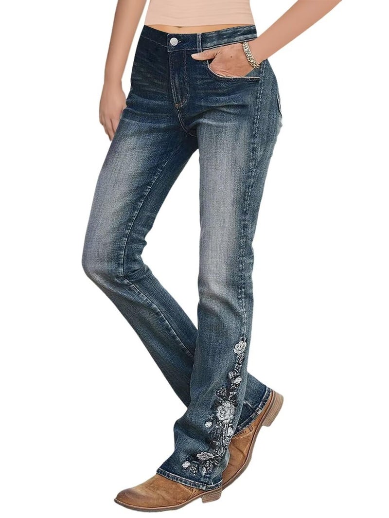 Flamingals Women's Floral Embroidery Mid Waist High Stretch Bootcut Jeans with Pockets Navy Blue XL - Image 1