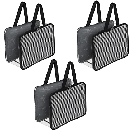 TULMAN 3 Pack Grey Checks Transparent Storage Bag for clothes Saree Cover Bag for women Cosmetic Toiletries Blanket Storage Bag for Home - PVC & Cloth – 42 x 22 x 32 cm - Image 1