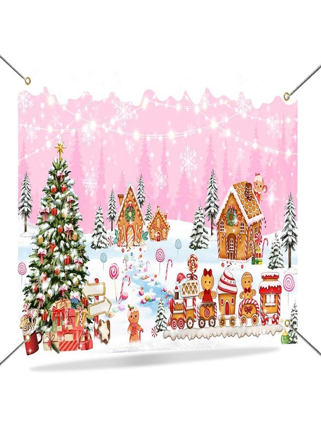 Mocsicka Christmas Gingerbread House Backdrop Banner Pink Merry Christmas Candyland Backdrop Winter Xmas Baby Shower Birthday Family Holiday Party Decortaions Photo Booth Props - Image 1