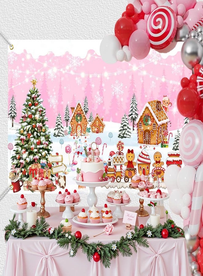 Mocsicka Christmas Gingerbread House Backdrop Banner Pink Merry Christmas Candyland Backdrop Winter Xmas Baby Shower Birthday Family Holiday Party Decortaions Photo Booth Props - Image 3
