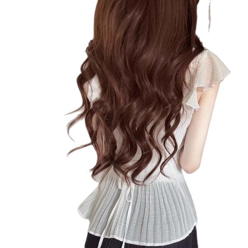 Korean Style Women's White V-Neck Short-Sleeve Ruffle T-Shirt - Image 4