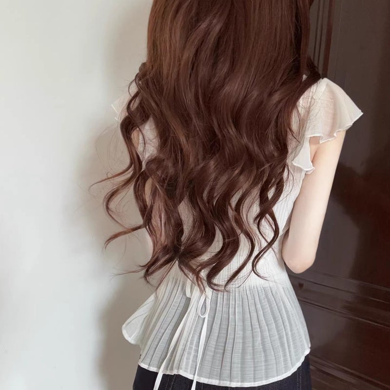 Korean Style Women's White V-Neck Short-Sleeve Ruffle T-Shirt - Image 3