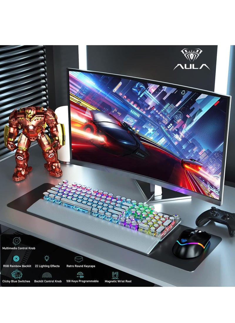 AULA - RGB Backlit Volume/Lighting Control Knob Fully Programmable 108-Keys Anti-Ghosting Wired Computer Keyboards for Office/Games, Black Switch - Image 1