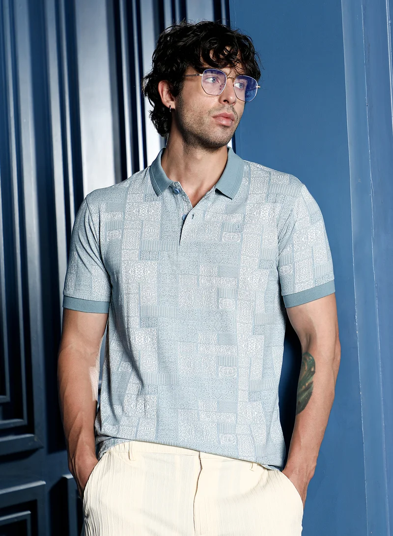 كامبوس سوترا Men Lattice-Geometric Jacquard Polo T-Shirt | Jacquard Polo Neck, Short Ribbed-Cuff Sleeves | Half-Button , Straight Hem | Floral Jacquard Knitted Fabric For Casual & Daily Wear | Blue