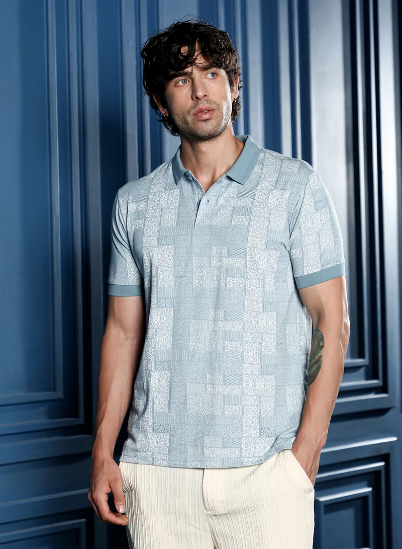 كامبوس سوترا Men Lattice-Geometric Jacquard Polo T-Shirt | Jacquard Polo Neck, Short Ribbed-Cuff Sleeves | Half-Button , Straight Hem | Floral Jacquard Knitted Fabric For Casual & Daily Wear | Blue