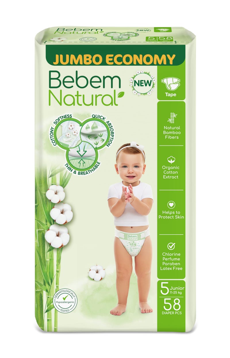 Bebem Natural Baby Diapers Open Diapers Size 4,9-14 KG, Jumbo Pack, 58 Units, Organic Cotton & Bamboo Fibers