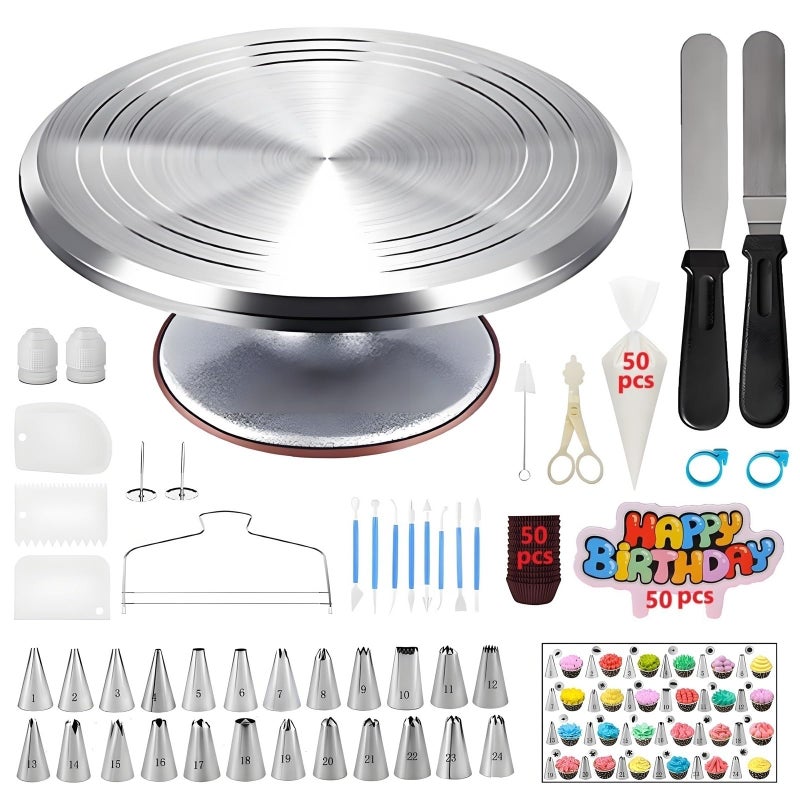 YOQXHY YOQXHY 198 Pcs Cake Decorating Kit with Aluminium Alloy Cake TurntableCake Leveler24 Numbered Icing Piping Tips2 Cake Spatulas3 Comb Scrapers2 Couplers 50 Pastry Bags 