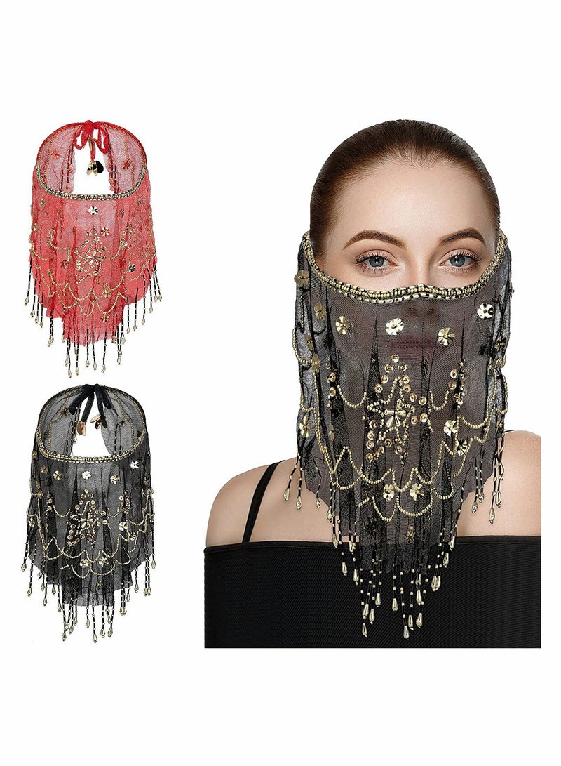 KASTWAVE Women Belly Dance Face Veil, Belly Dance Face Veil Beads Sequins - Image 1