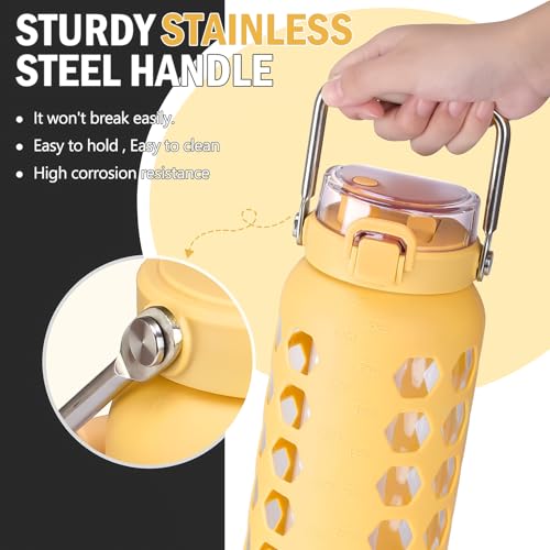 MUKOKO 64oz Glass Water Bottles with Straw and LidHalf Gallon Water Bottle with Time MarkerLarge Glass Water Jug with Silicone Sleeve and Stainless Steel HandleYellow - Image 3