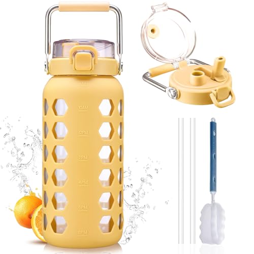MUKOKO 64oz Glass Water Bottles with Straw and LidHalf Gallon Water Bottle with Time MarkerLarge Glass Water Jug with Silicone Sleeve and Stainless Steel HandleYellow - Image 1